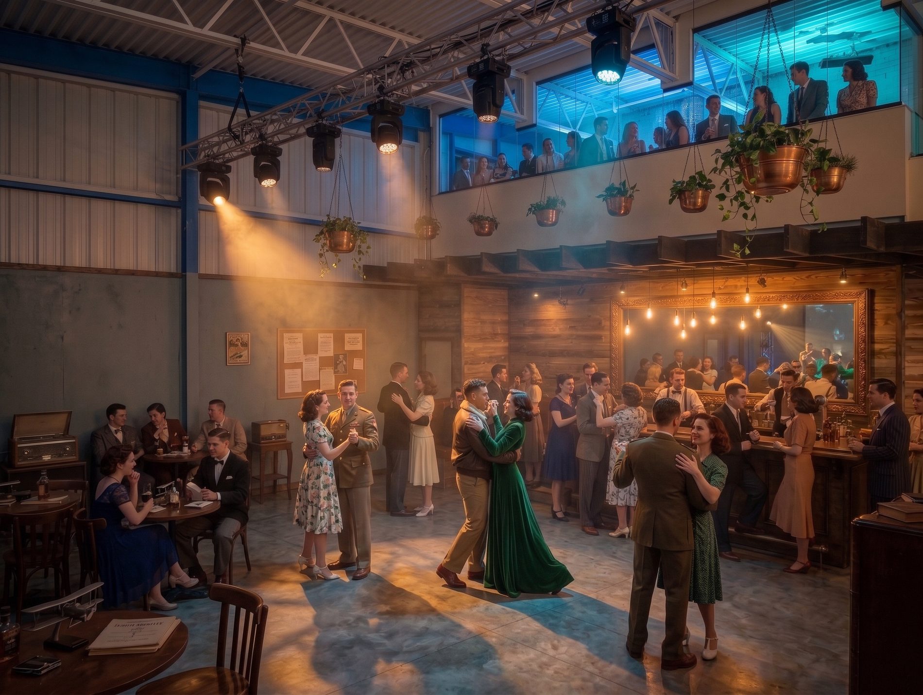 A period ball, couples dancing under truss lighting with guests along the mezzanine.
