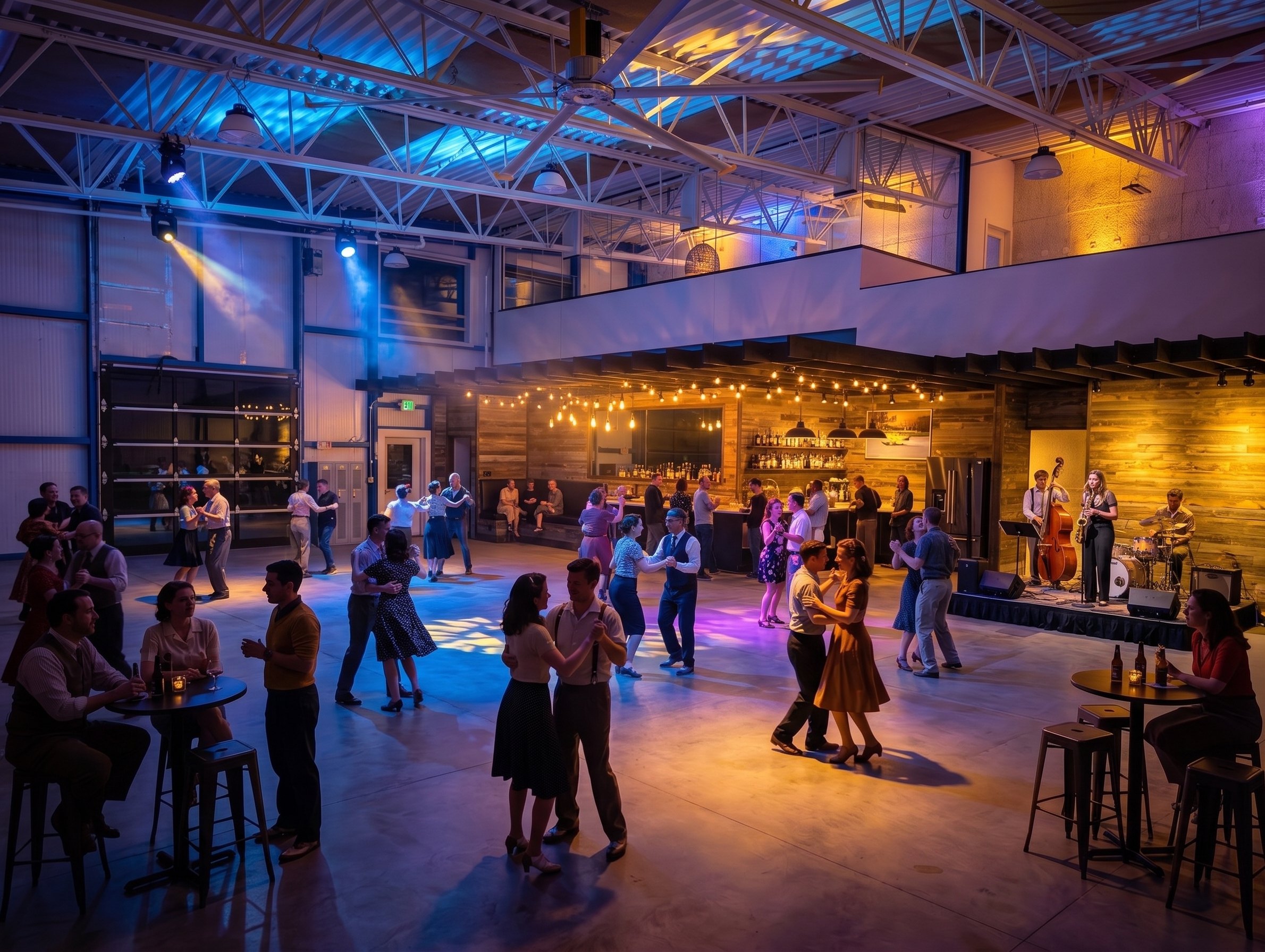 Live band on a corner stage, couples dancing under blue and amber wash, bar busy at the back.