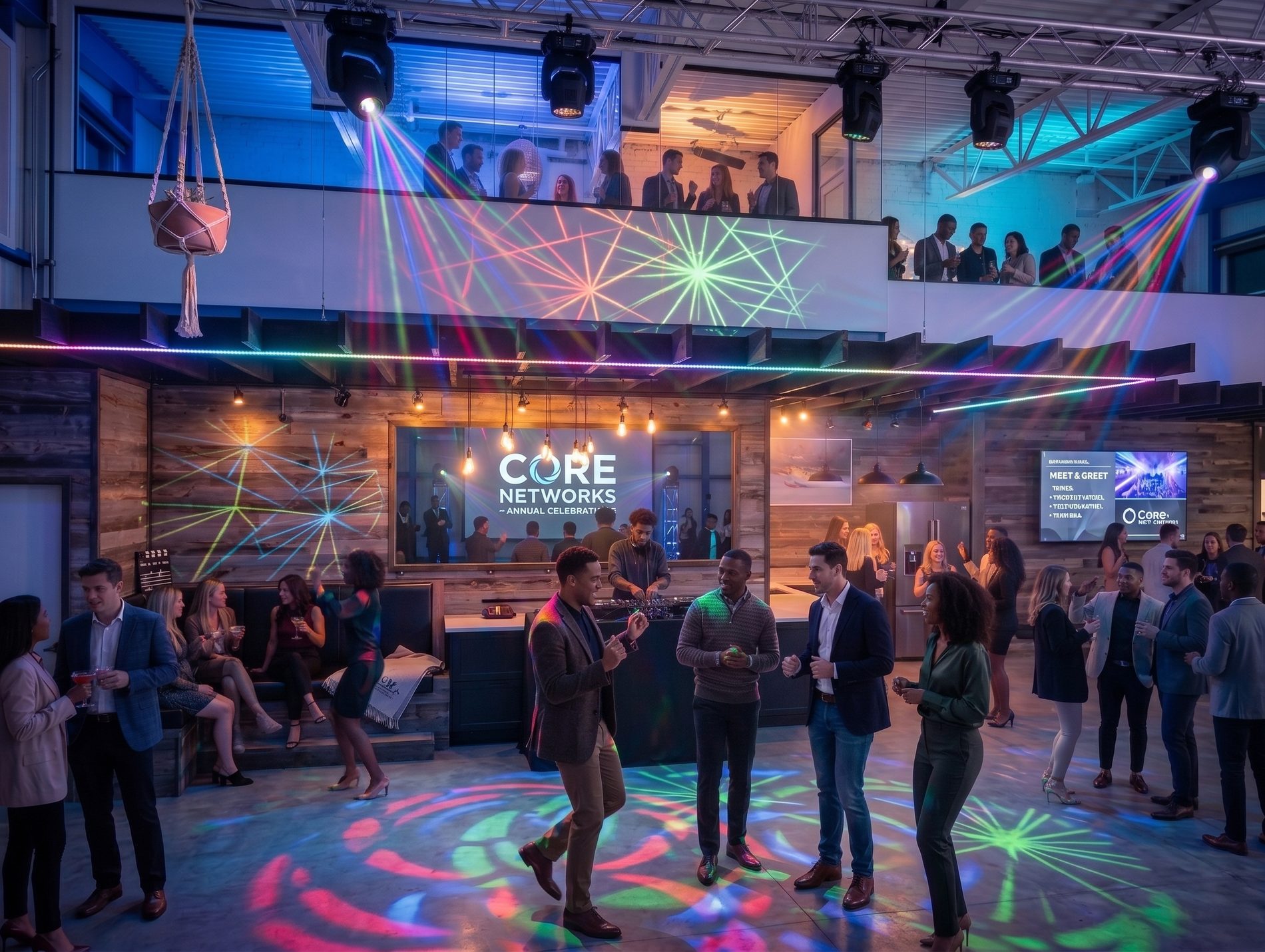 A corporate evening with stage lighting and a DJ at the bar.